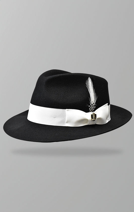 2.5-inch raw edge fedora made from 100% fine Australian wool with a tear drop crown, grosgrain band, and removable Bruno logo pin.