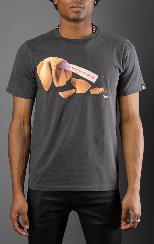 Charcoal cotton tee with oversized digital prints on front and back, 100% cotton