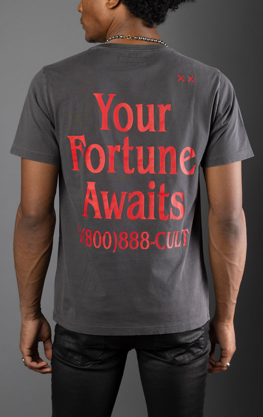 Charcoal cotton tee with oversized digital prints on front and back, 100% cotton