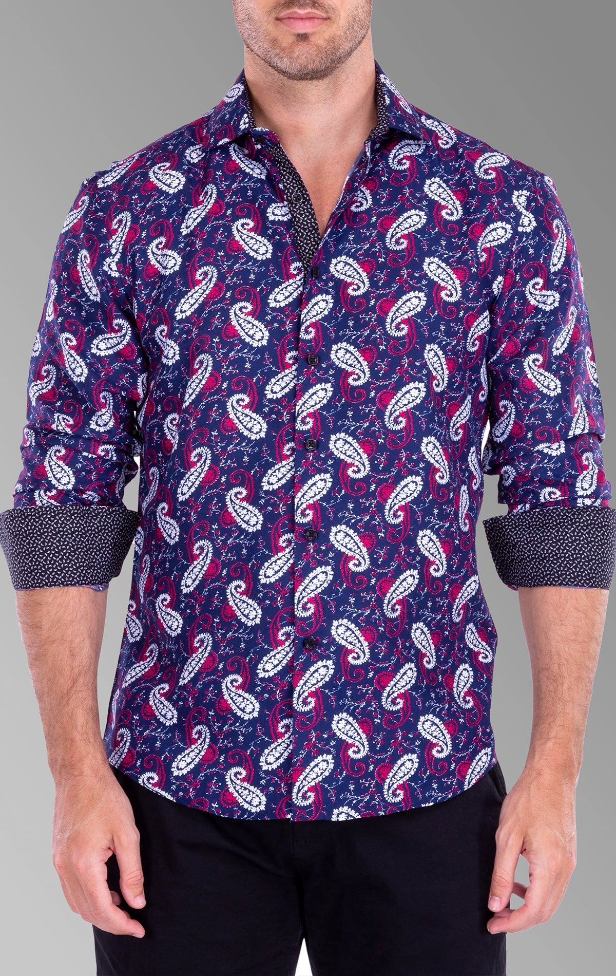 Colorful Overlapping Paisley Pattern Long Sleeve Shirt with a modern fit, tailored waist, high-quality collar, and contrast trim, designed in Miami.