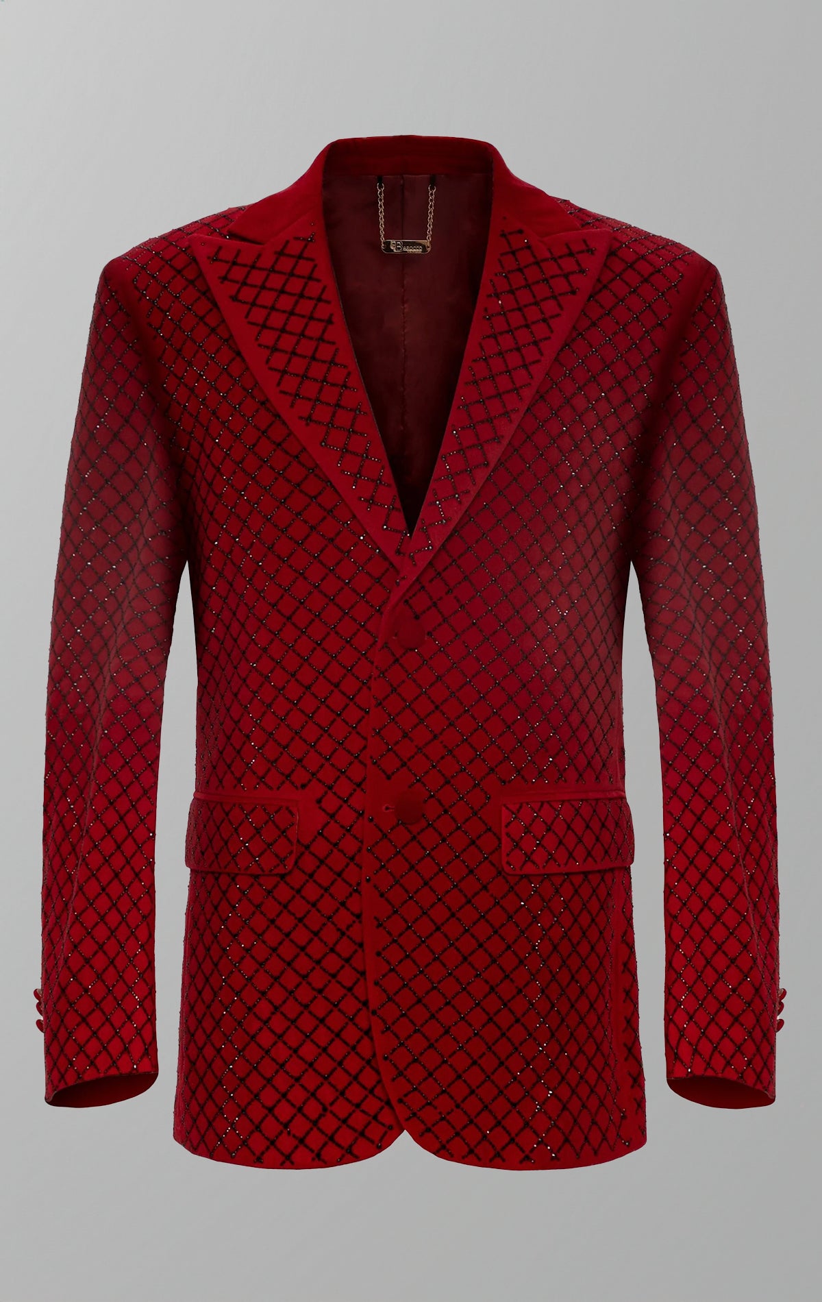 Close-up view of a sophisticated embellished blazer showcasing intricate details and luxurious textures, perfect for special occasions.