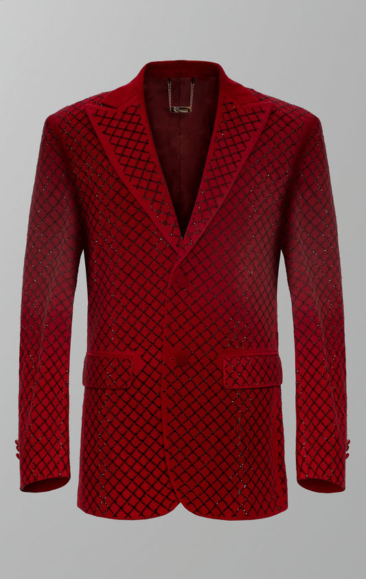 Close-up view of a sophisticated embellished blazer showcasing intricate details and luxurious textures, perfect for special occasions.