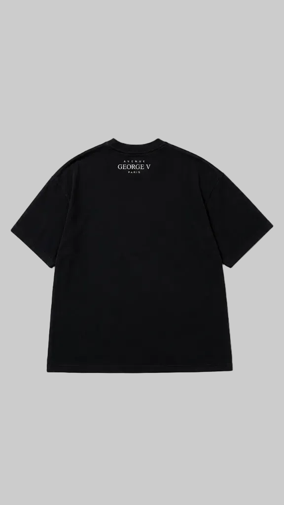 Black short-sleeve T-shirt shown from the back on a grey background. 