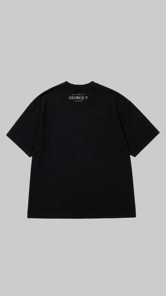 Black short-sleeve T-shirt shown from the back on a grey background. 
