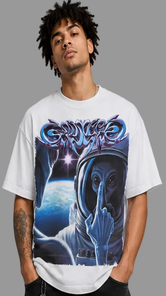 Person wearing a white t-shirt with an astronaut graphic and text on a gray background