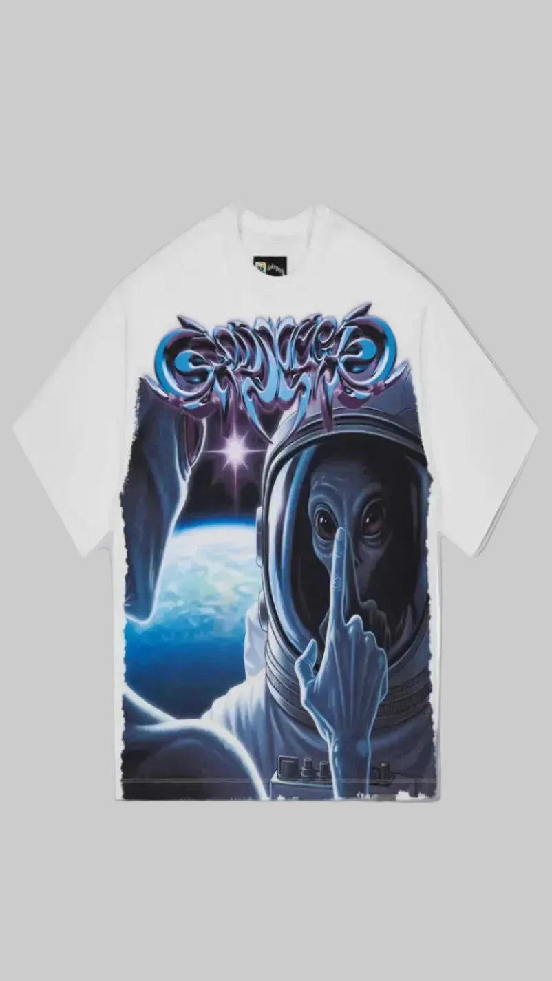 T-shirt with an alien in an astronaut suit and 'Godspeed' text on a white background
