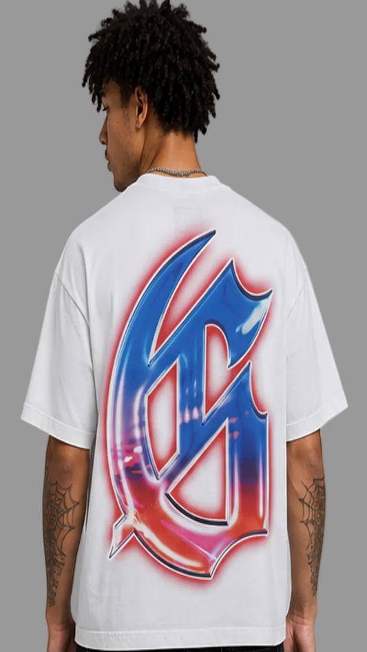 Person wearing a white t-shirt with a colorful logo on the back against a gray background