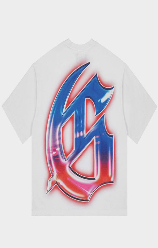A white short-sleeve t-shirt with a large, stylized metallic 'G' graphic on the front. The graphic features a blue-to-pink gradient with a glossy, reflective finish and a black outline, set against a clean white background.