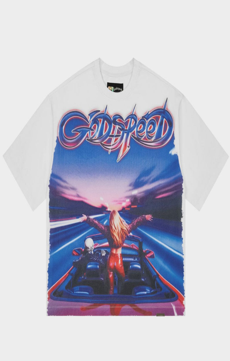 White t-shirt with 'Godspeed' graphic design on a white background