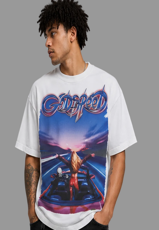 Person wearing a white t-shirt with a colorful graphic design on a gray background