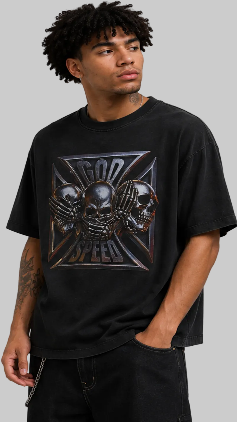 Person wearing a black t-shirt with a graphic design on a gray background
