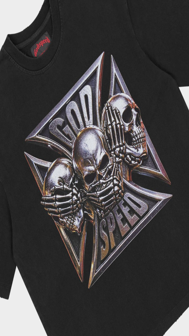 Black t-shirt with metallic skull design and 'God Speed' text on a white background