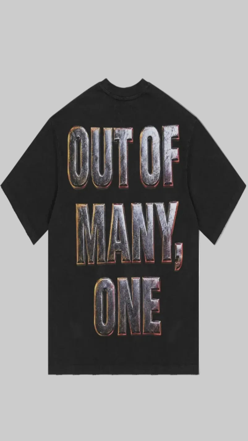 Black t-shirt with 'OUT OF MANY, ONE' text on a white background