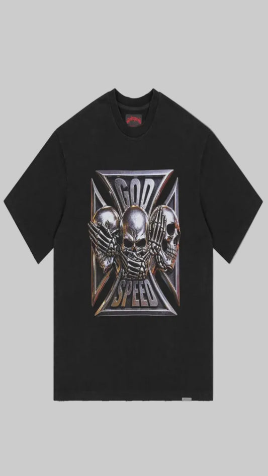 Black t-shirt with skull and crossbones design on a white background