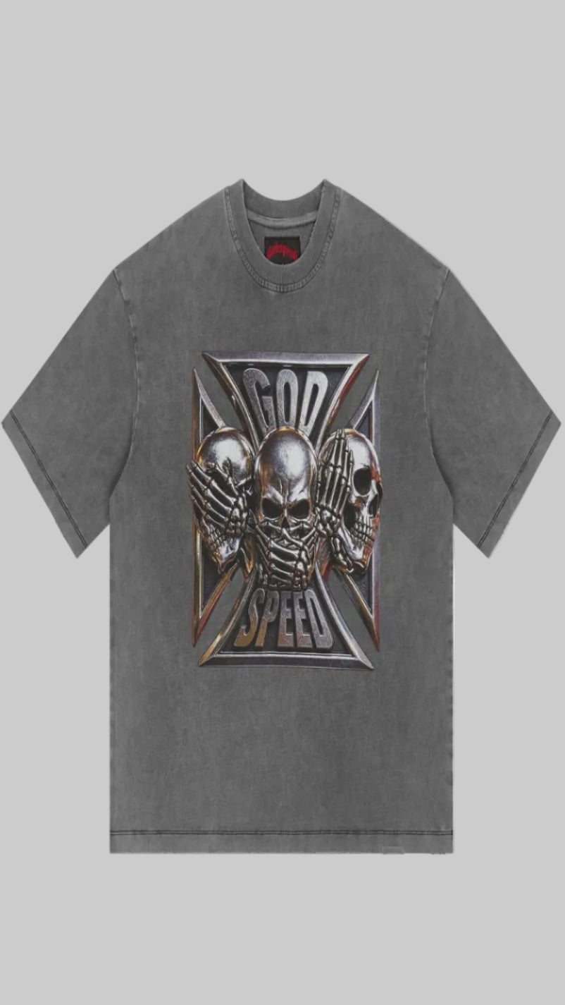 Gray t-shirt with skull and crossbones design and 'God Speed' text on a white background