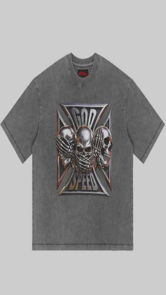 Gray t-shirt with skull and crossbones design and 'God Speed' text on a white background