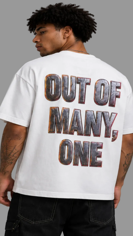 Person wearing a white t-shirt with 'OUT OF MANY, ONE' text on the back.