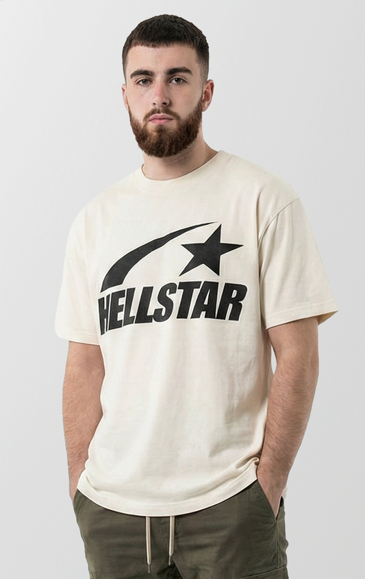 A white t-shirt made of thick cotton, featuring large screen-printed graphics on the front and back.