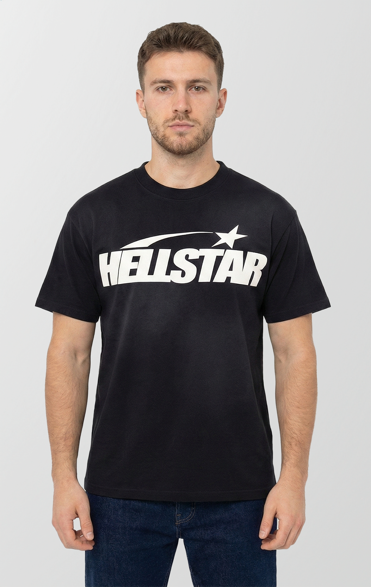 A black t-shirt made of thick cotton, featuring large screen-printed graphics on the front and back.