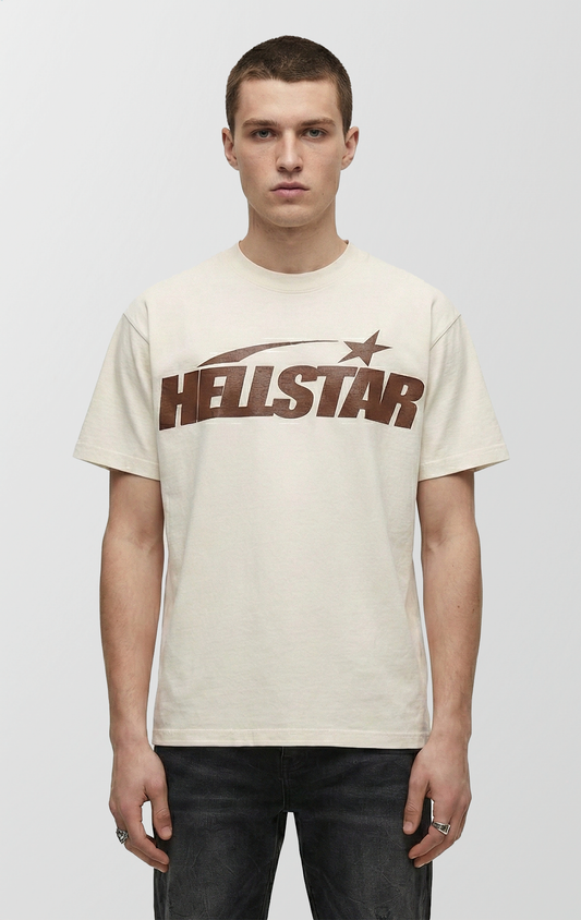 A white t-shirt made of thick cotton, featuring large screen-printed graphics on the front and back.