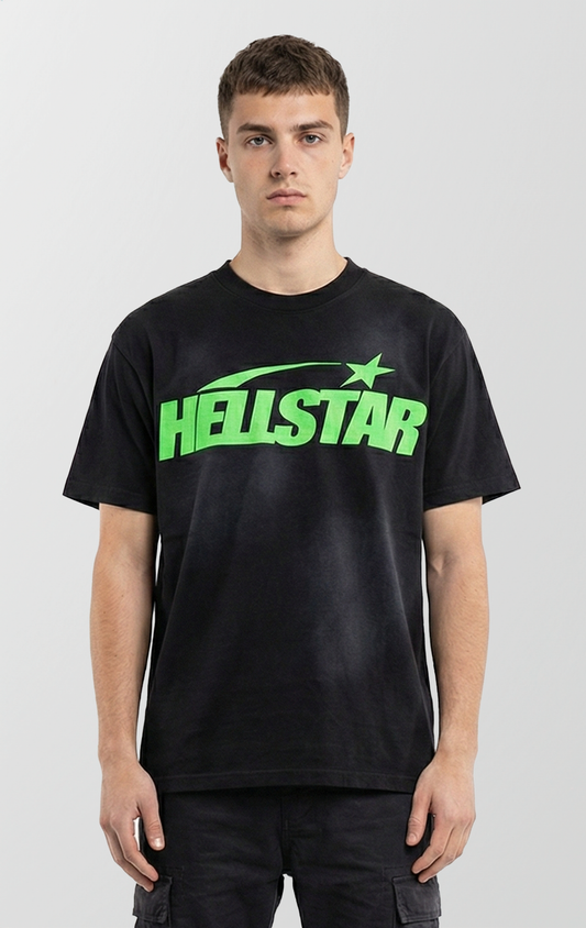 A black t-shirt made of thick cotton, featuring large screen-printed graphics on the front and back.