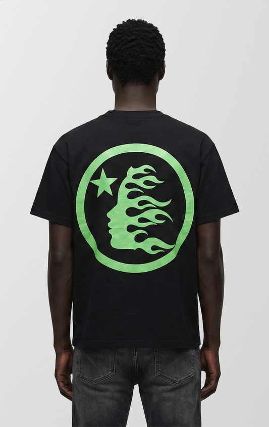 A black t-shirt made of thick cotton, featuring large screen-printed graphics on the front and back.