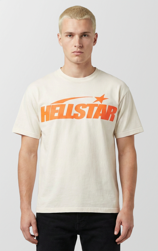 A white t-shirt made of thick cotton, featuring large screen-printed graphics on the front and back.