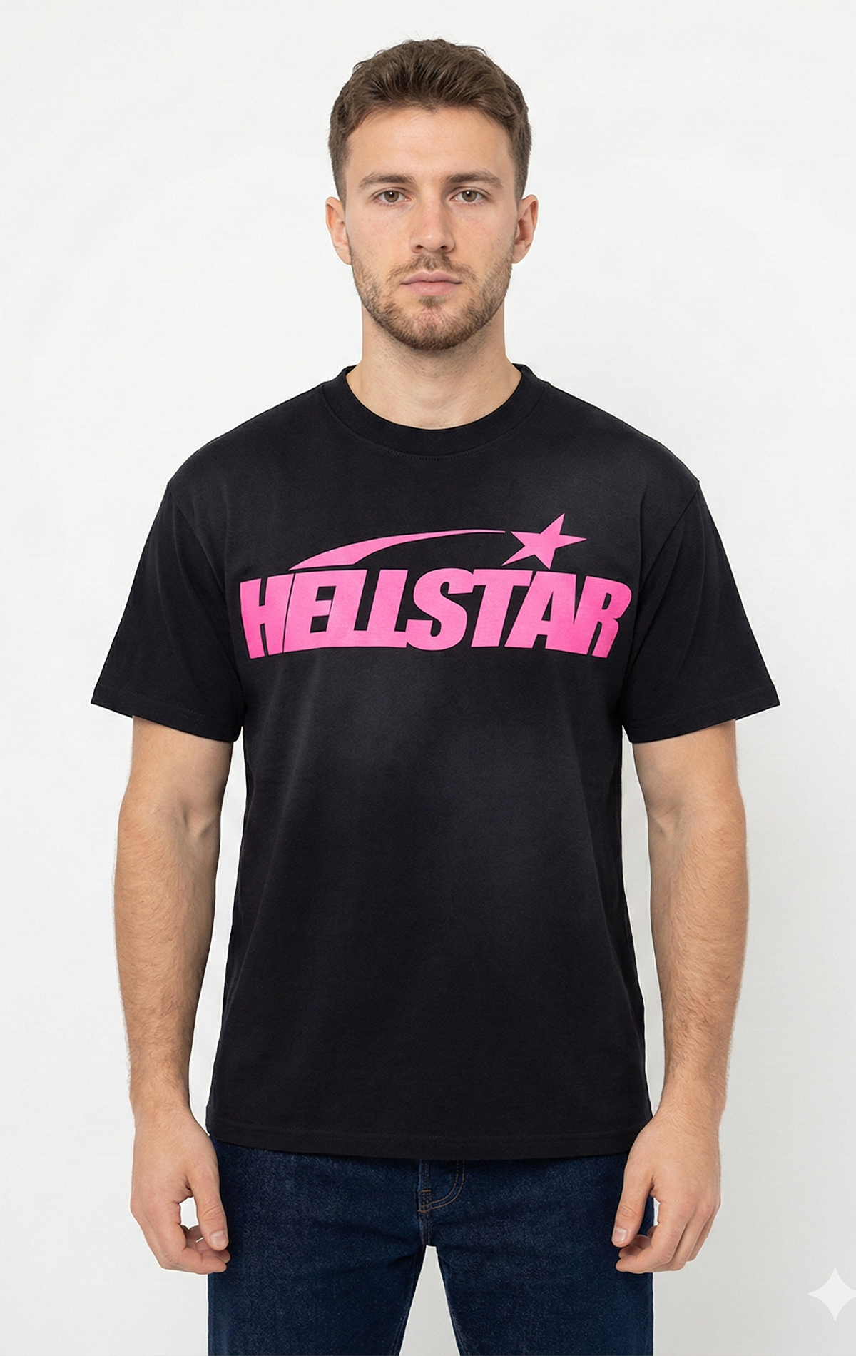 A black t-shirt made of thick cotton, featuring large screen-printed graphics on the front and back.