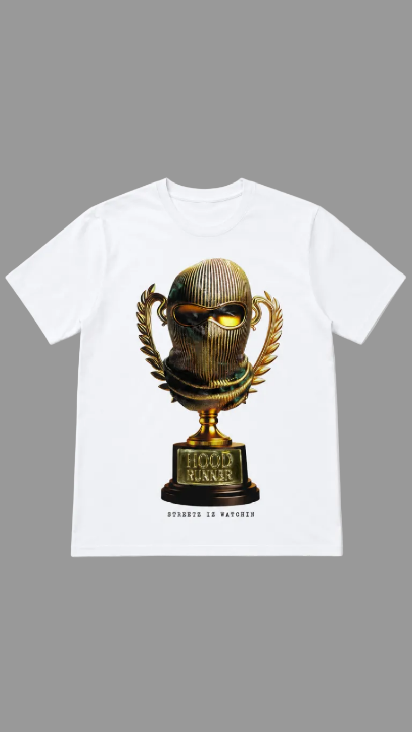 A white short-sleeve crewneck t-shirt featuring a large graphic print of a gold trophy with a balaclava mask on the front, set against a light gray background.
