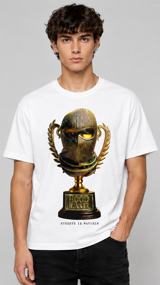 A male model shown from the front  wearing a white short-sleeve T-shirt. The front of the shirt features a large graphic print of a gold trophy with "hood runner" on the trophy