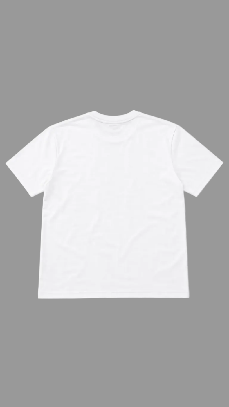 A plain white short-sleeve crewneck t-shirt shown from the back, laid flat against a neutral light gray background.