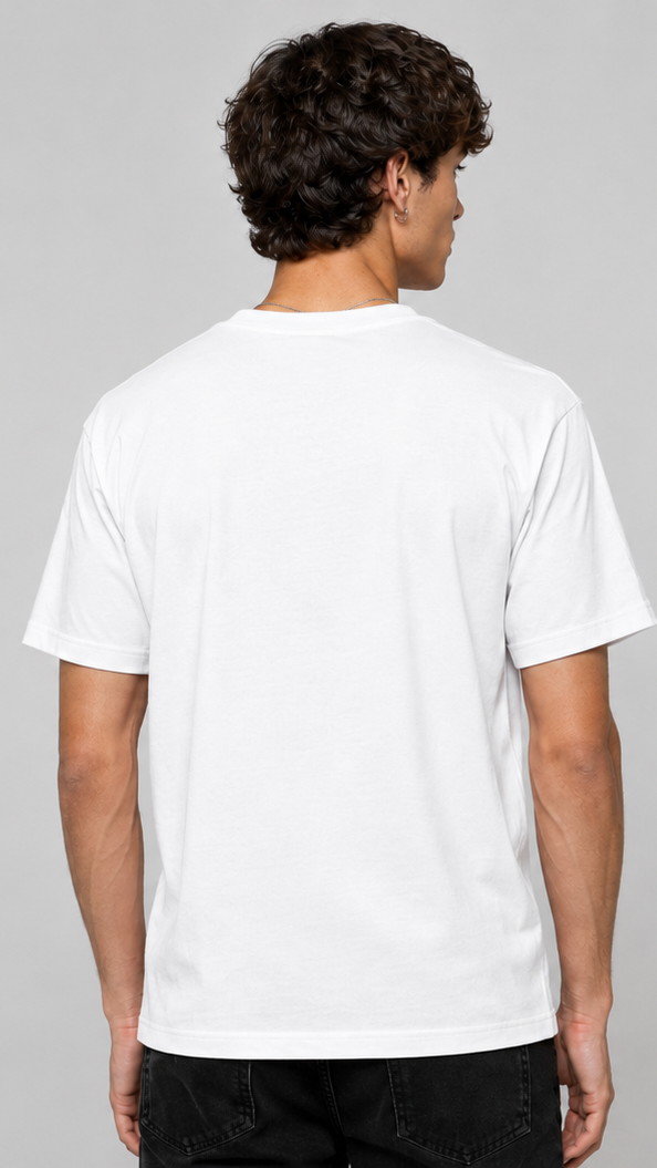 A male model shown from the back wearing a white short-sleeve T-shirt. 