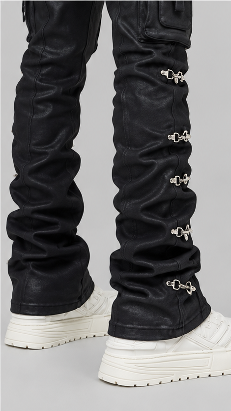Obsidian Black Waxed Cargo Denim | Stacked Jeans