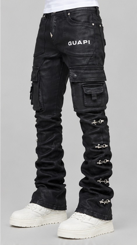 Obsidian Black Waxed Cargo Denim | Stacked Jeans