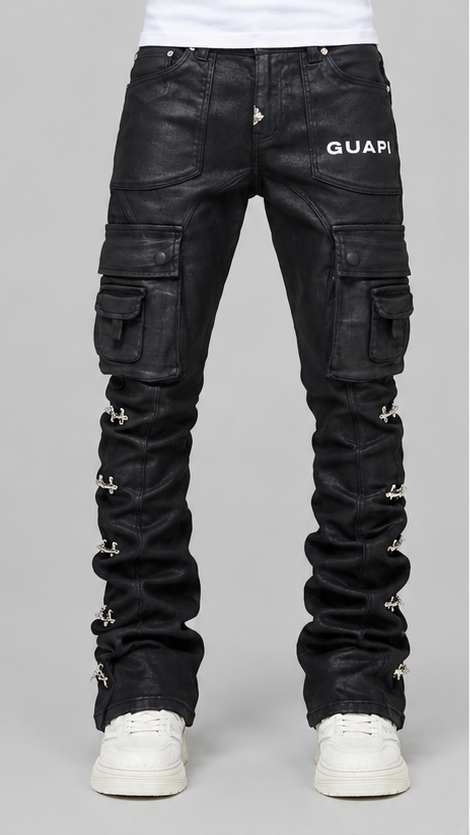 Obsidian Black Waxed Cargo Denim | Stacked Jeans