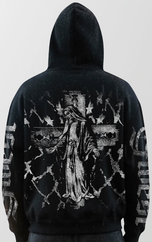 A premium black streetwear hoodie featuring a bold graphic design on the front centered around spiritual themes.