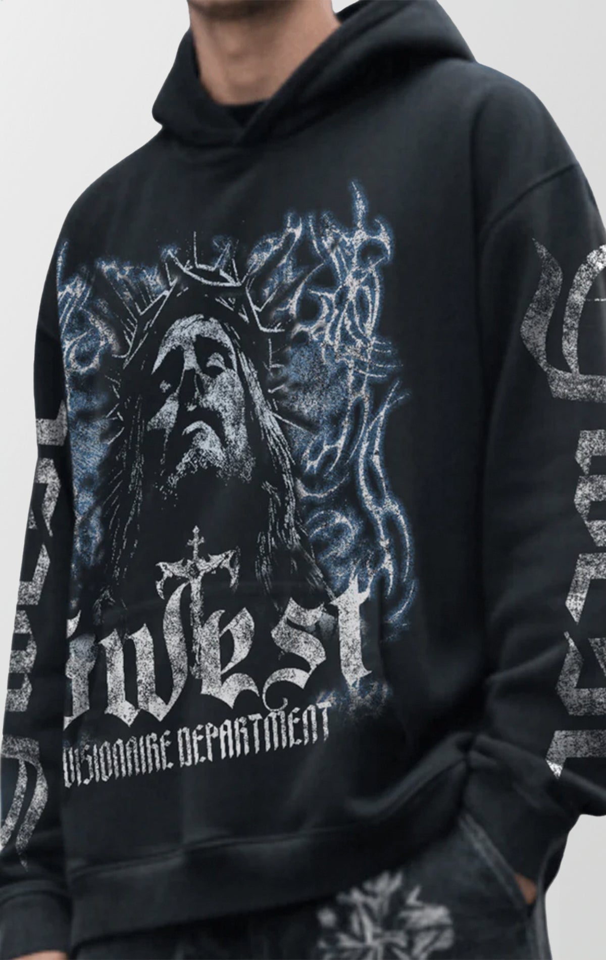 Black hoodie with graphic design and text on a plain background