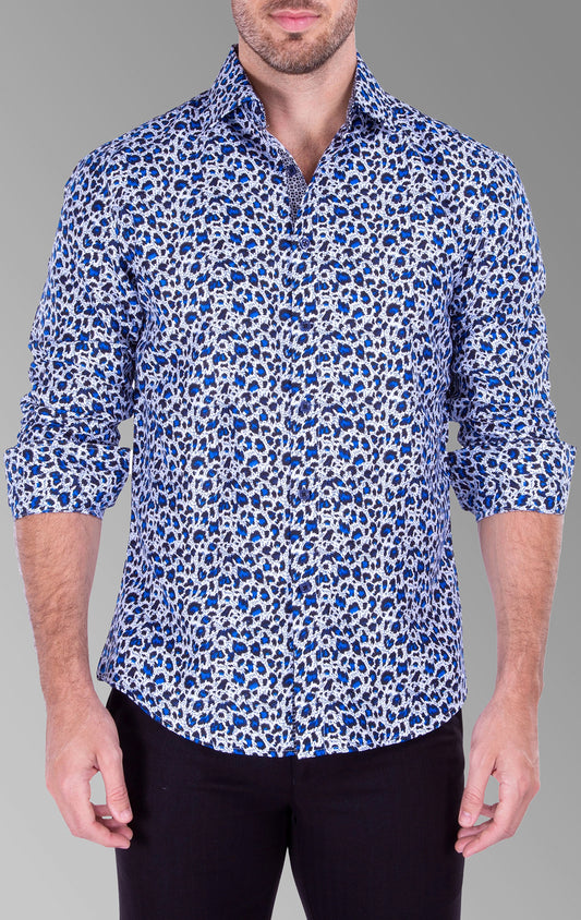 Bold & Colorful Cheetah Print Long Sleeve Shirt with adjustable cuffs and contrast details
