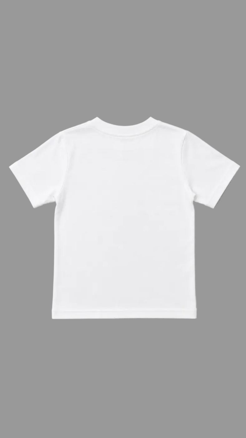 A plain white short-sleeve crewneck t-shirt shown from the back, laid flat against a neutral light gray background.