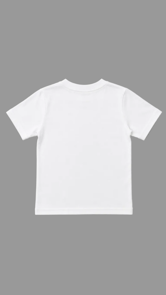 A plain white short-sleeve crewneck t-shirt shown from the back, laid flat against a neutral light gray background.