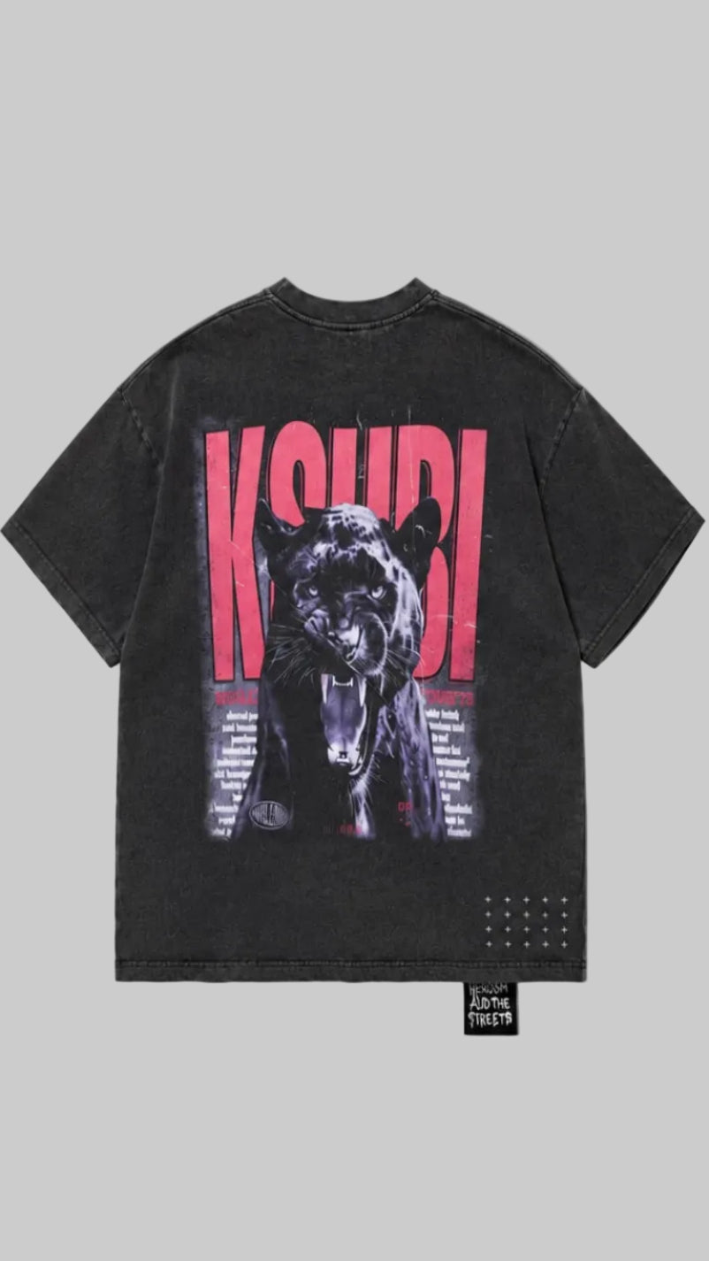Black t-shirt with a graphic design and text on the back, displayed against a white background.