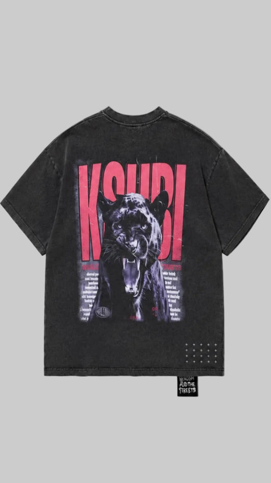 Black t-shirt with a graphic design and text on the back, displayed against a white background.