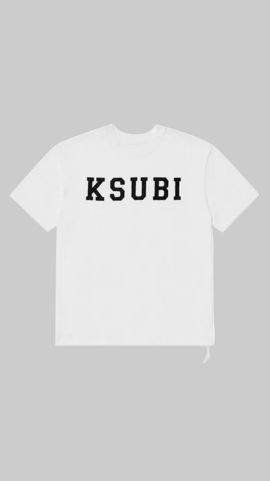 A white short-sleeve crewneck t-shirt with the word 'KSUBI' printed across the chest in black block letters, displayed on a clean white background.