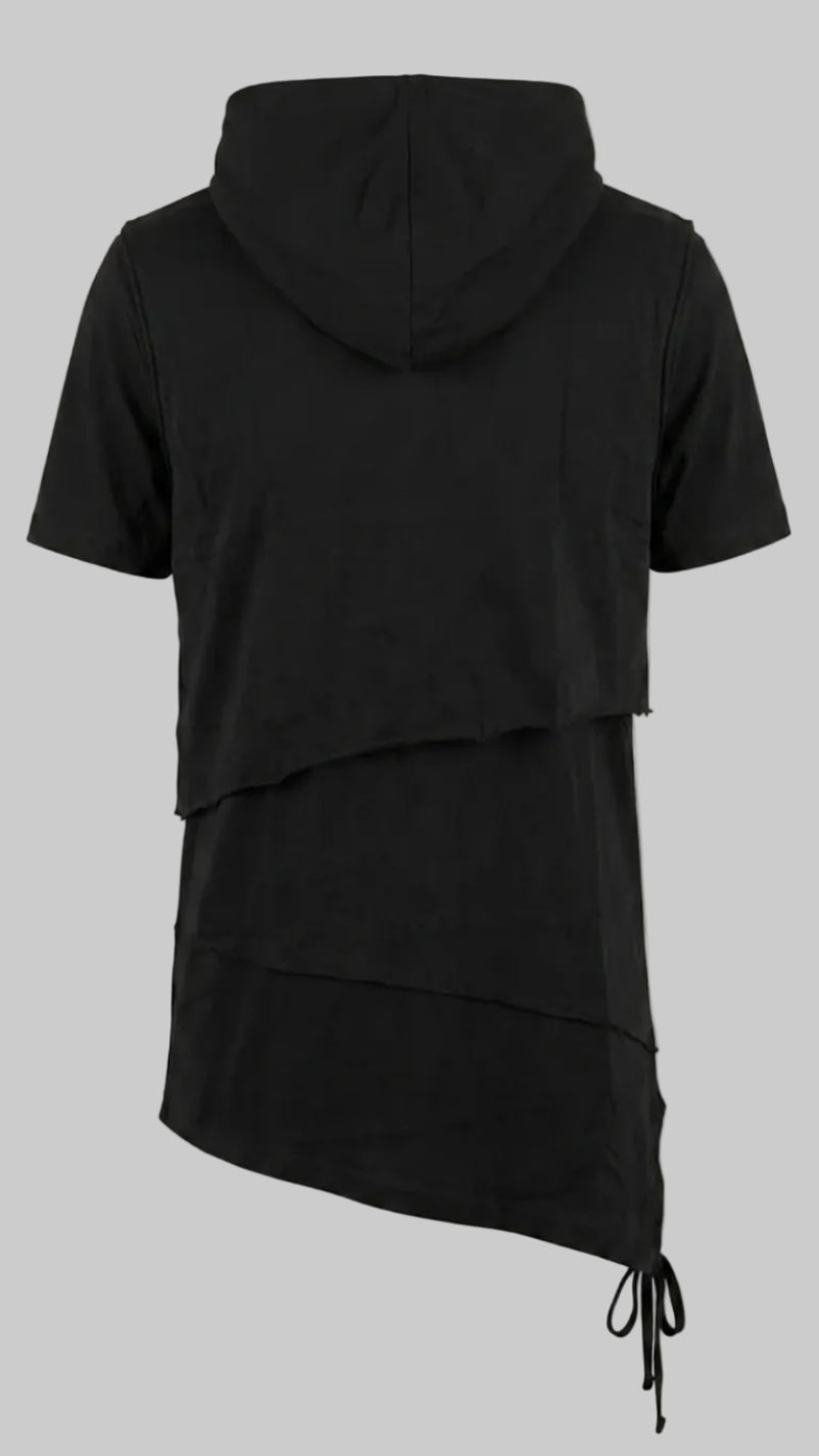 Black short-sleeve hooded top with an asymmetrical layered hem and drawstring detail, shown from the back on a light beige background.