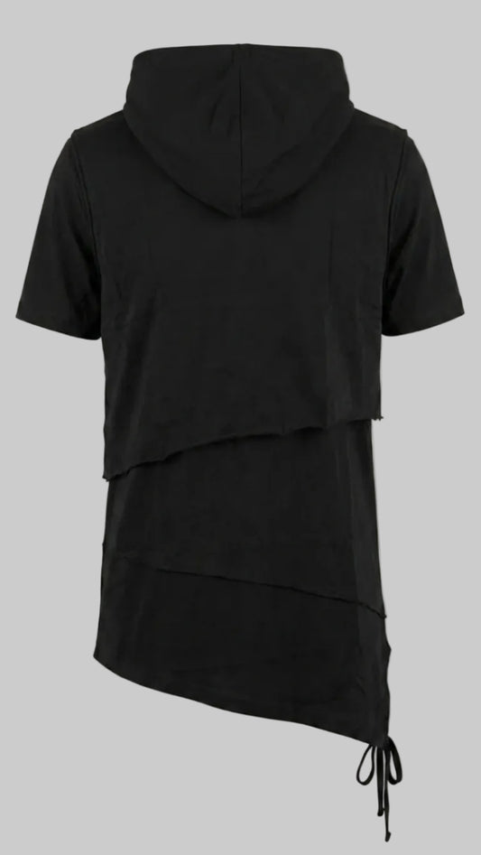 Black short-sleeve hooded top with an asymmetrical layered hem and drawstring detail, shown from the back on a light beige background.