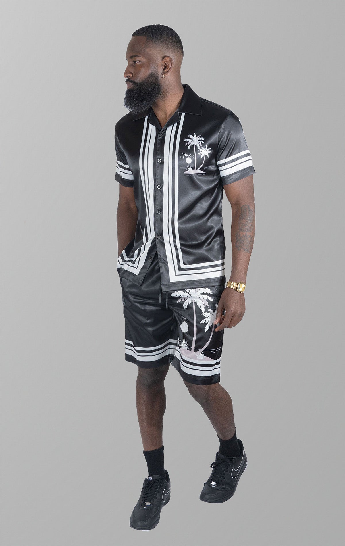 Short set top and matching shorts. Made from 100% polyester fabric for a comfortable fit and easy movement. Designed in Los Angeles with a unique sublimation print. True to size.