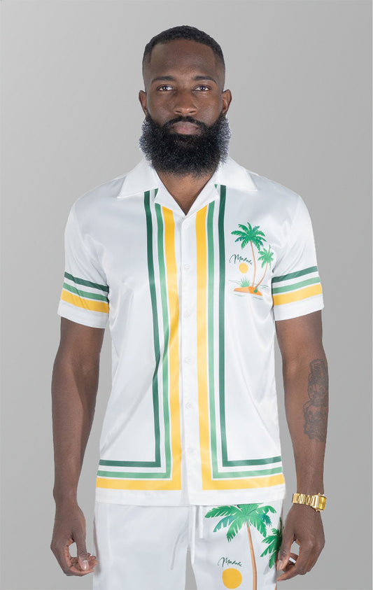 Short set top and matching shorts. Made from 100% polyester fabric for a comfortable fit and easy movement. Designed in Los Angeles with a unique sublimation print. True to size.