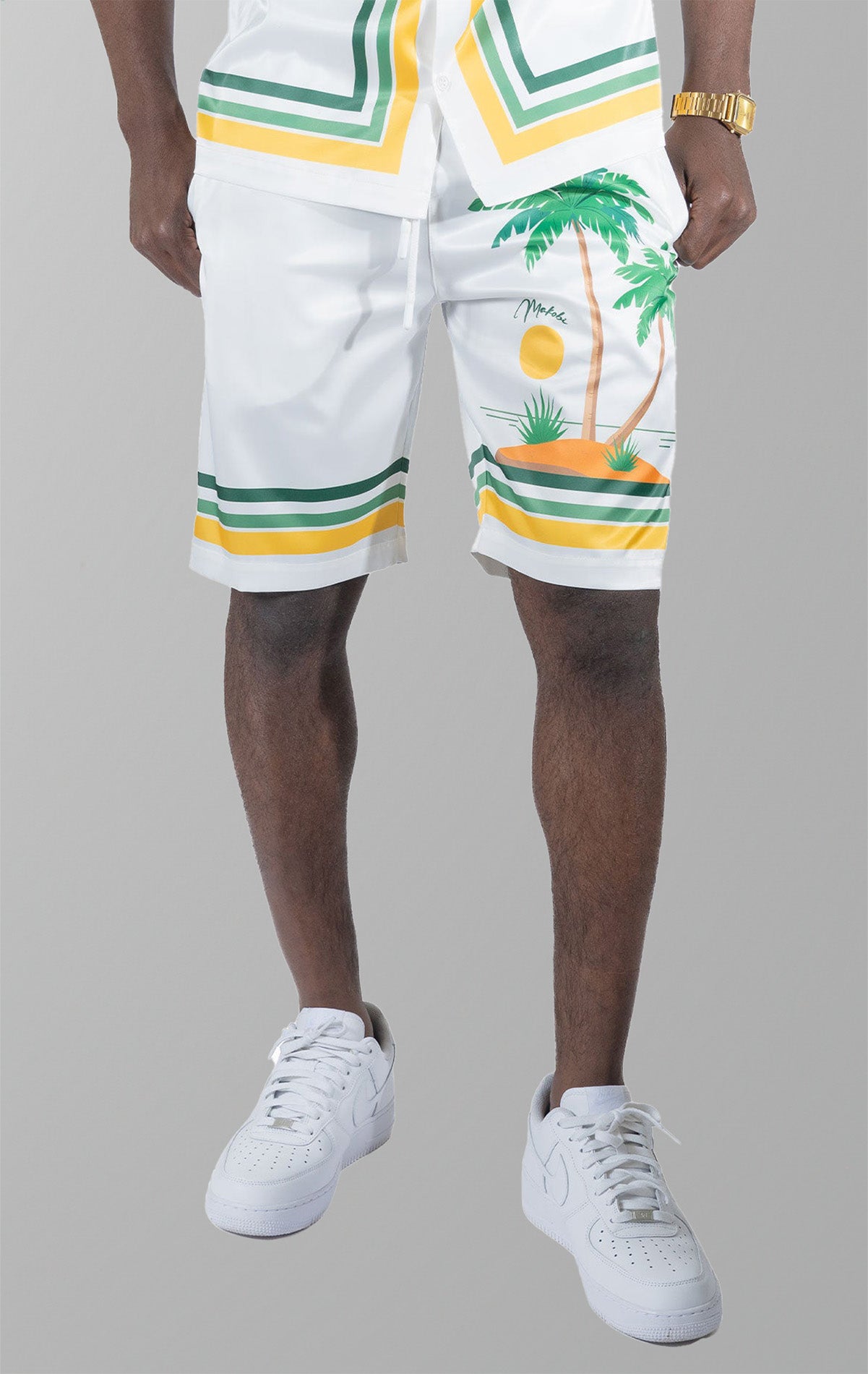 Short set top and matching shorts. Made from 100% polyester fabric for a comfortable fit and easy movement. Designed in Los Angeles with a unique sublimation print. True to size.
