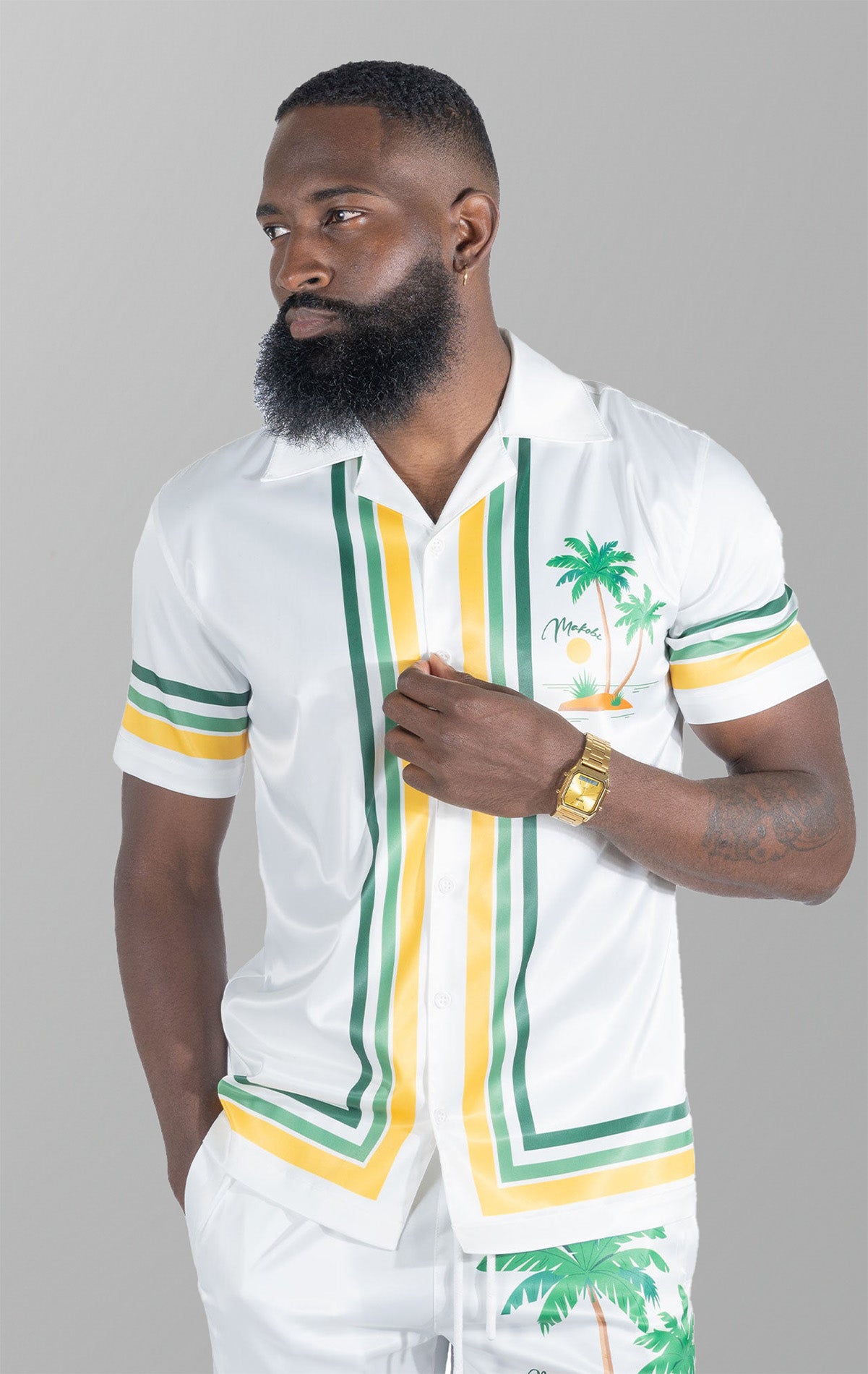 Short set top and matching shorts. Made from 100% polyester fabric for a comfortable fit and easy movement. Designed in Los Angeles with a unique sublimation print. True to size.