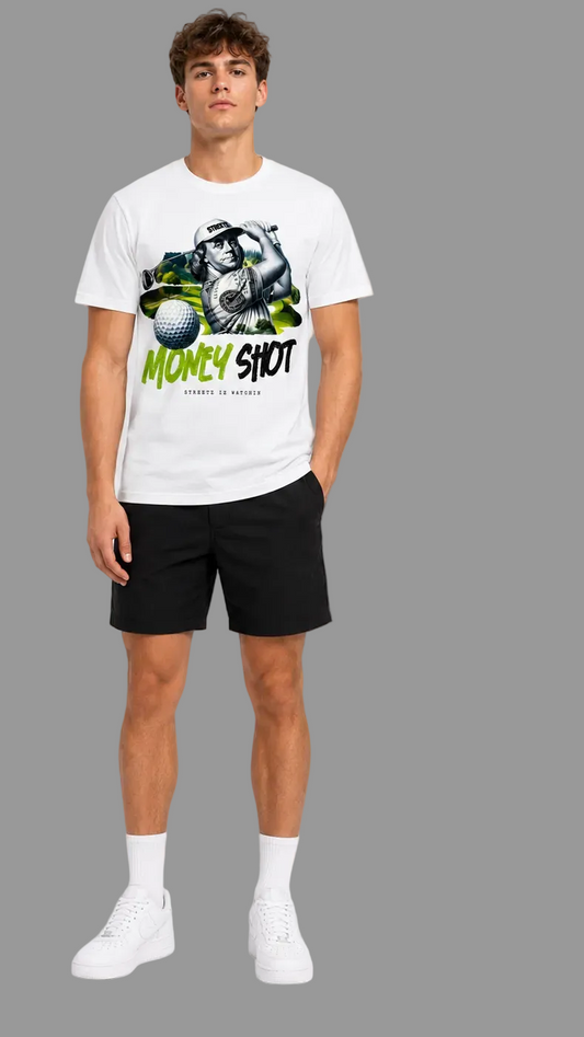 A male model shown from the front wearing a white short-sleeve graphic T-shirt with black athletic shorts, white socks, and white sneakers against a gray studio background.